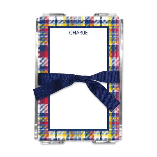 Navy & Red Madras Plaid Memo Sheets with Holder